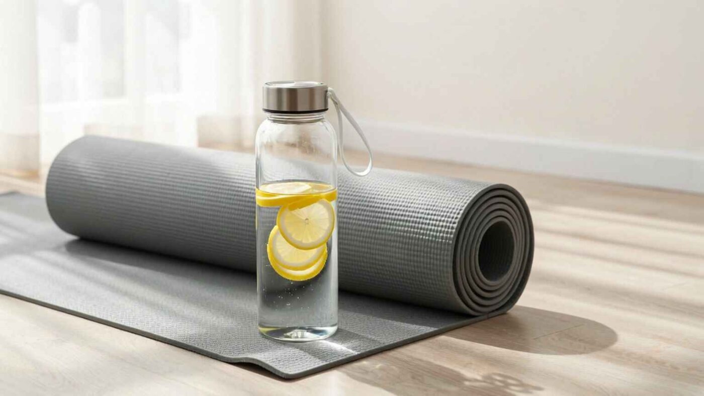 A glass water bottle with lemon slices beside a yoga mat and towel; minimalist setup, natural daylight, symbolizing self-care and balanced living.