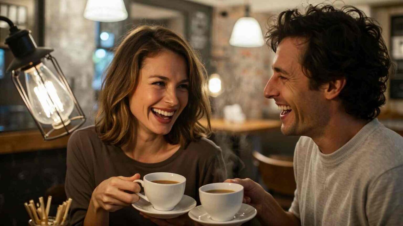 Two friends laughing and sharing tea at a cozy café; warm tones, authentic smiles, human connection, emotional well-being and stress relief concept.