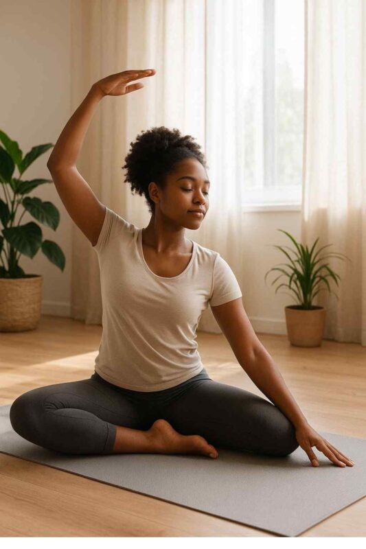 A woman practices gentle seated yoga stretches on a mat in a sunlit room, surrounded by indoor plants, promoting calmness, healing, and body recovery.