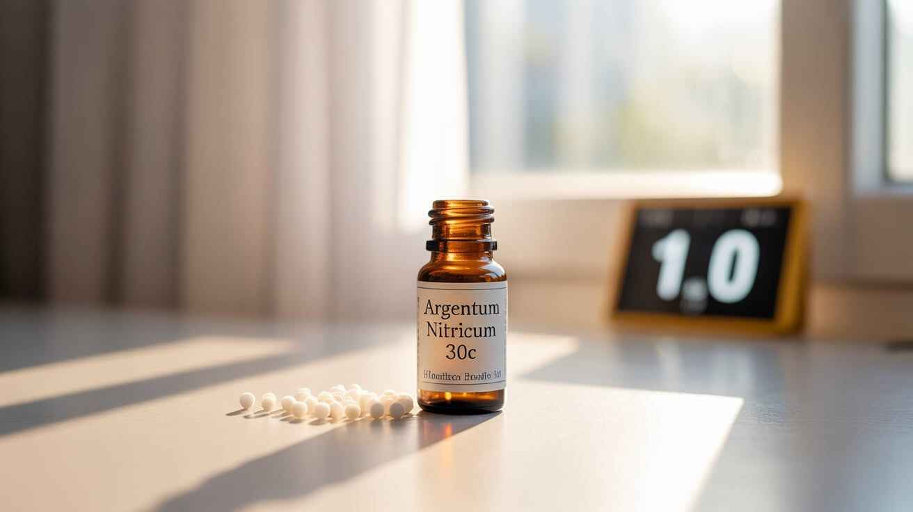 Argentum Nitricum 30C – homeopathic relief for rushing thoughts, claustrophobia, heat, loose stools, and impulse anxiety before deadlines or events. Fast calm for performance panic and trapped feelings.