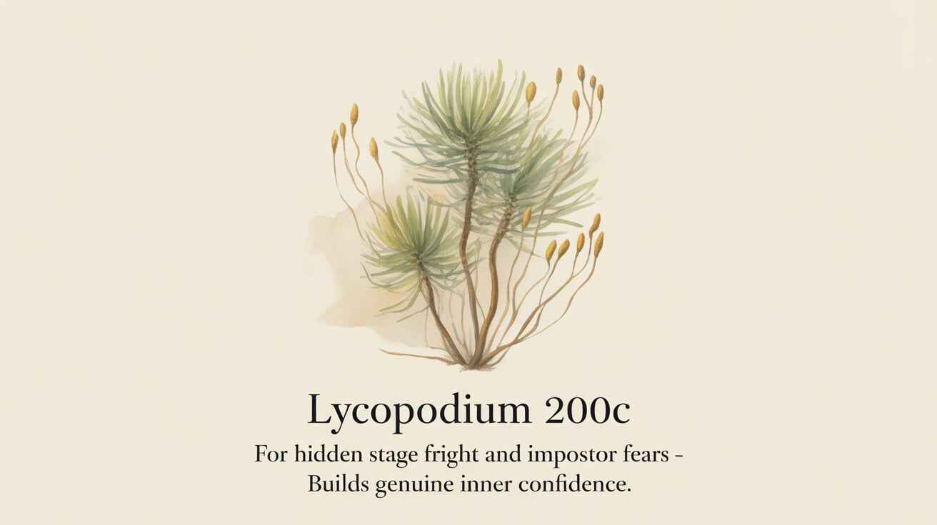 Lycopodium 200C – homeopathic anxiety relief for hidden stage fright, fear of failure in public or meetings, impostor syndrome, and bloating from nerves. Builds lasting inner confidence.