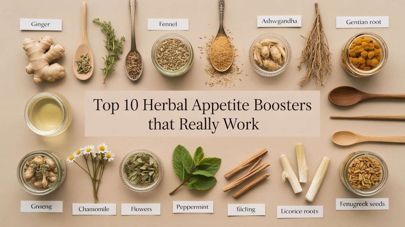 A visual guide labeled "Top 10 Herbal Appetite Boosters that Really Work," displaying ten different herbs and roots including Ginger, Fennel seeds, Ashwagandha, Gentian root, Ginseng, Chamomile flowers, Peppermint leaves, cinnamon sticks, Licorice roots, and Fenugreek seeds, arranged in bowls and spoons on a light surface.








