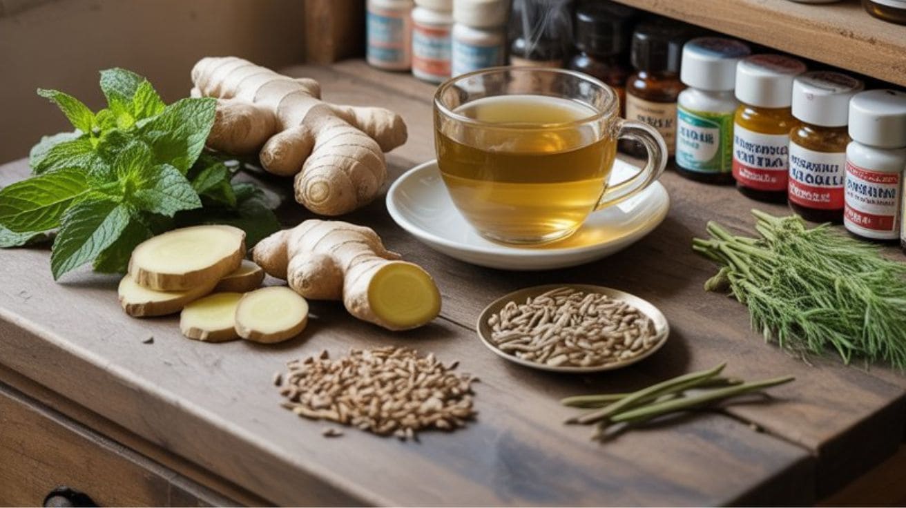 medicines like Actacid and home remedies for stomach pain such as mint, ginger tea, and ajwain.