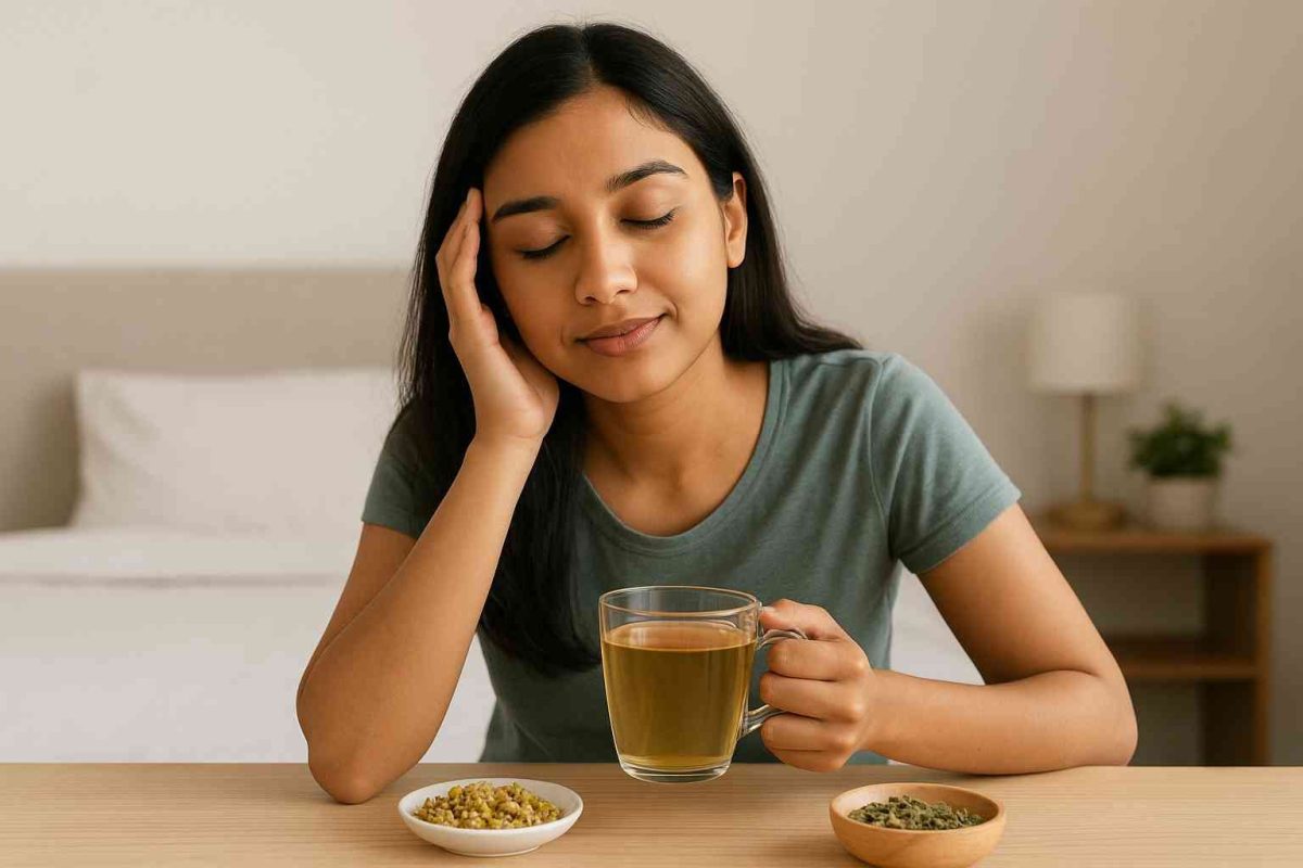 A South Asian woman relaxing in a cozy bedroom, enjoying herbal tea before sleep — representing natural and safe herbal sleep aids in Pakistan.