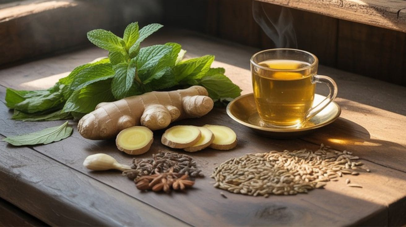 Traditional Pakistani home remedies for stomach pain such as mint, ginger tea, ajwain and fennel seeds.
